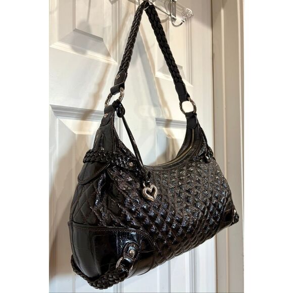 BRIGHTON - Quilted Black Patent Leather Hobo Shoulder Bag. Beautiful Condition! - Picture 3 of 15